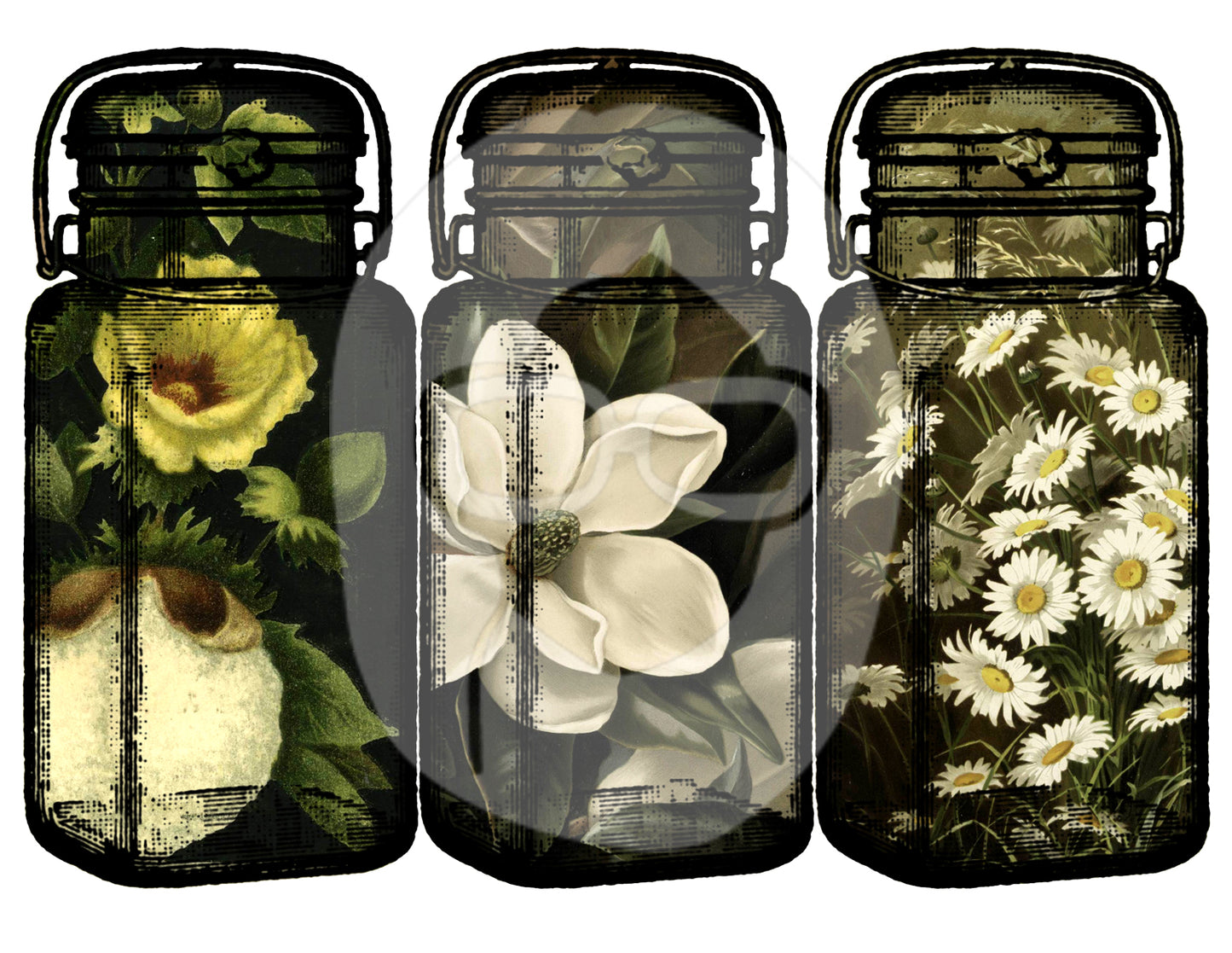 Dark Floral Mason Jar - Giant Mason Jars # 8 - 3 Page Instant Download - mason jar printable, vintage mason jar, blank journal cards