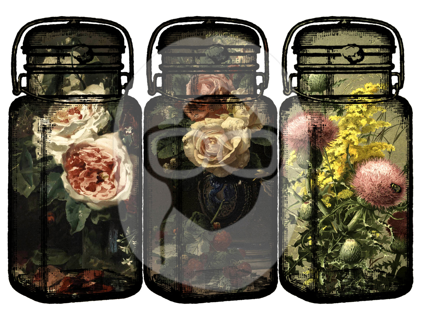 Dark Floral Mason Jar - Giant Mason Jars # 8 - 3 Page Instant Download - mason jar printable, vintage mason jar, blank journal cards