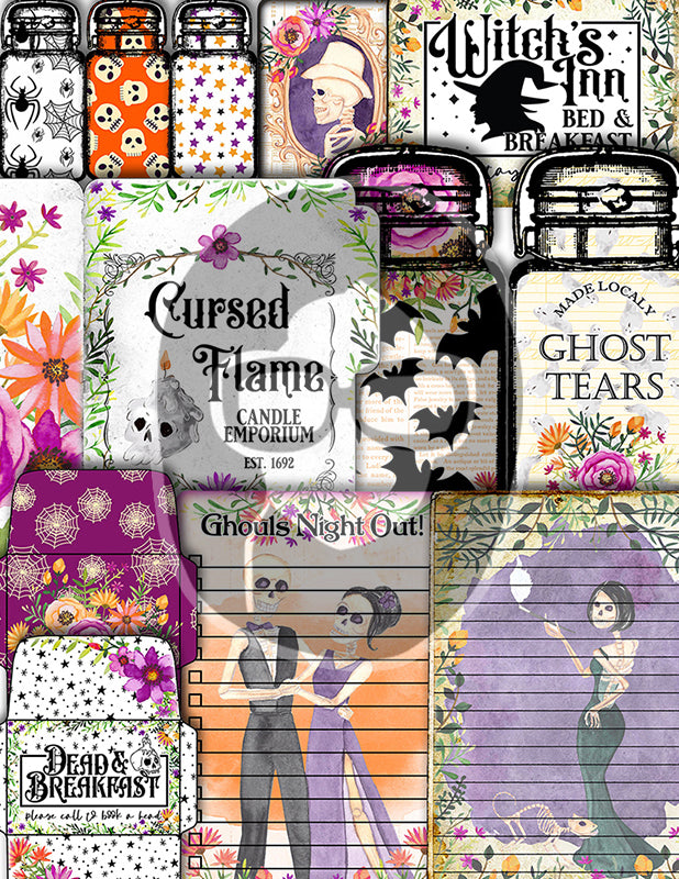 Halloween Junk Journal Kit, Halloween Ephemera -40pg Digital Download- Journaling Pages, Lined Paper, Labels, Tags, Cards, Envelopes, Jars