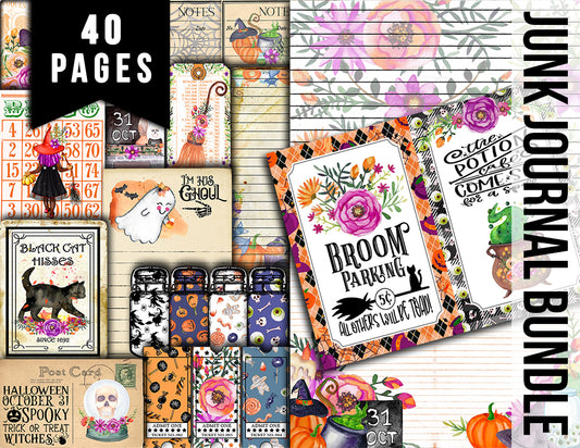 Halloween Junk Journal Kit, Halloween Ephemera -40pg Digital Download- Journaling Pages, Lined Paper, Labels, Tags, Cards, Envelopes, Jars