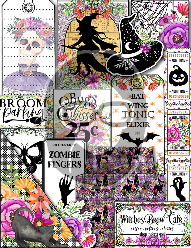 Halloween Junk Journal Kit, Halloween Ephemera -40pg Digital Download- Journaling Pages, Lined Paper, Labels, Tags, Cards, Envelopes, Jars