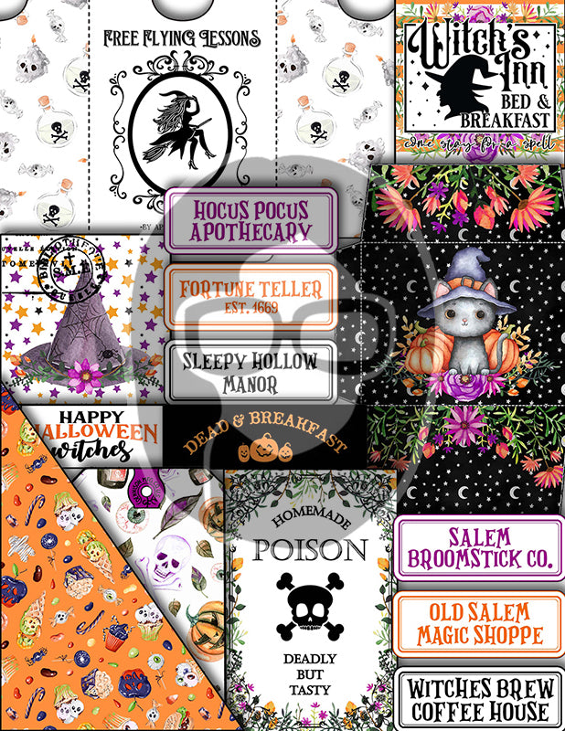 Halloween Junk Journal Kit, Halloween Ephemera -40pg Digital Download- Journaling Pages, Lined Paper, Labels, Tags, Cards, Envelopes, Jars