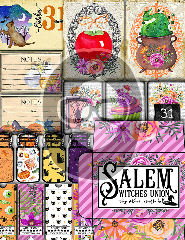 Halloween Junk Journal Kit, Halloween Ephemera -40pg Digital Download- Journaling Pages, Lined Paper, Labels, Tags, Cards, Envelopes, Jars