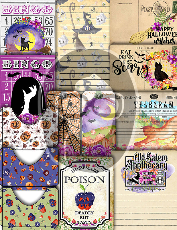 Halloween Junk Journal Kit, Halloween Ephemera -40pg Digital Download- Journaling Pages, Lined Paper, Labels, Tags, Cards, Envelopes, Jars