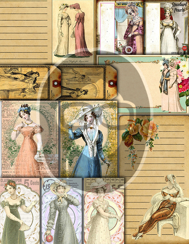 Jane Austen, Junk Journal Kit -42pg Digital Download- Vintage Journal, Pride and Prejudice, Regency Era Dress, Sense and Sensibility, Quotes