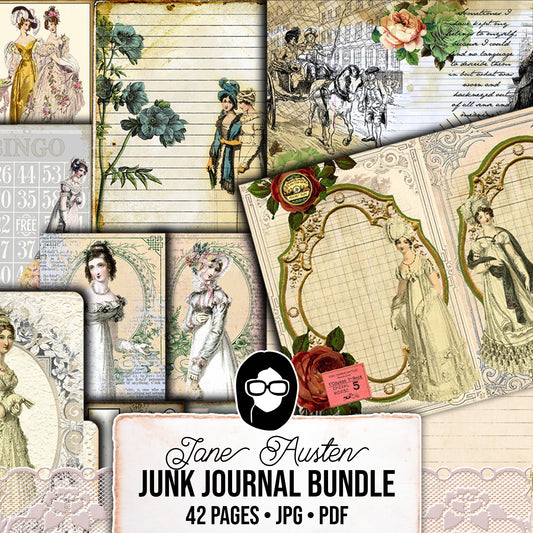 Jane Austen, Junk Journal Kit -42pg Digital Download- Vintage Journal, Pride and Prejudice, Regency Era Dress, Sense and Sensibility, Quotes