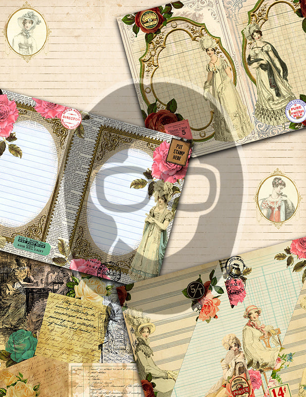 Jane Austen, Junk Journal Kit -42pg Digital Download- Vintage Journal, Pride and Prejudice, Regency Era Dress, Sense and Sensibility, Quotes