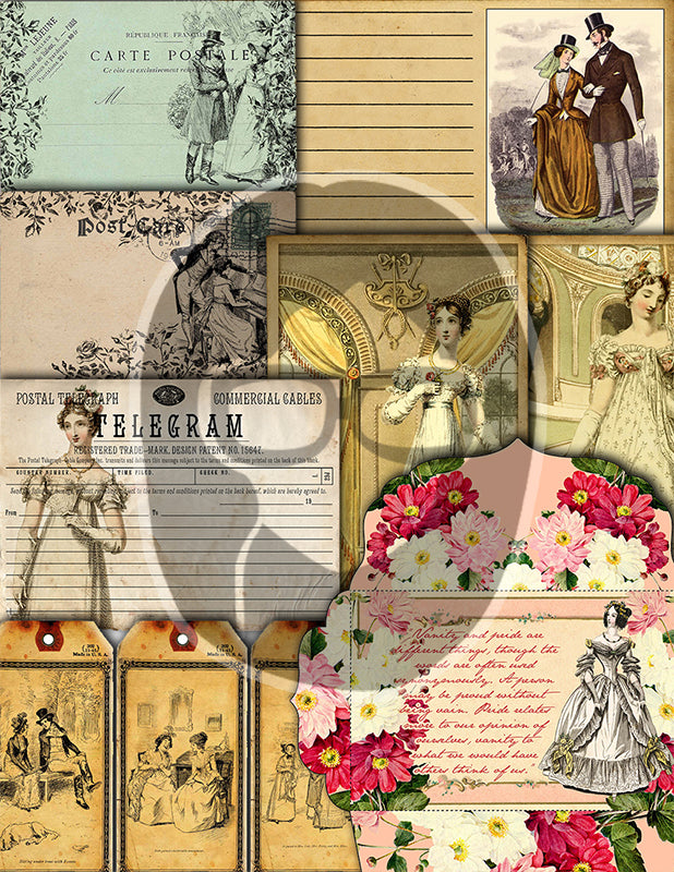 Jane Austen, Junk Journal Kit -42pg Digital Download- Vintage Journal, Pride and Prejudice, Regency Era Dress, Sense and Sensibility, Quotes