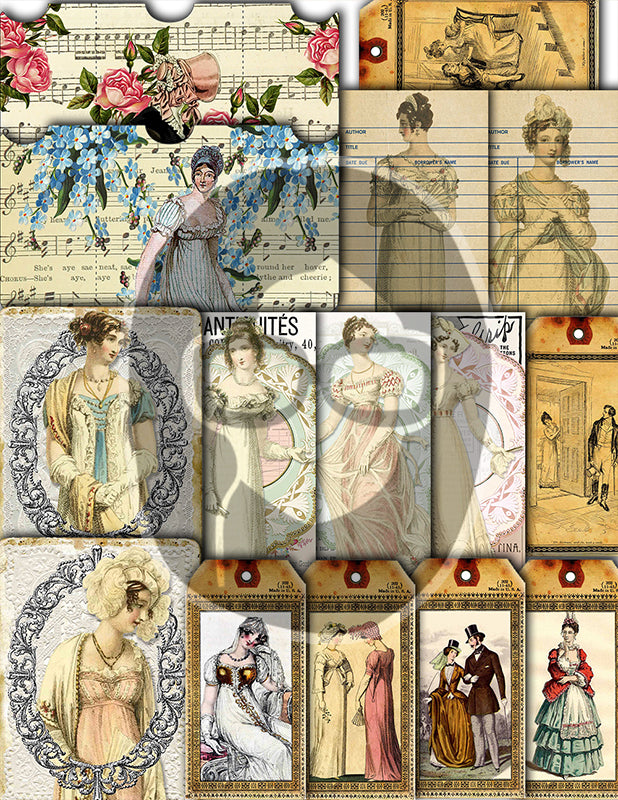 Jane Austen, Junk Journal Kit -42pg Digital Download- Vintage Journal, Pride and Prejudice, Regency Era Dress, Sense and Sensibility, Quotes