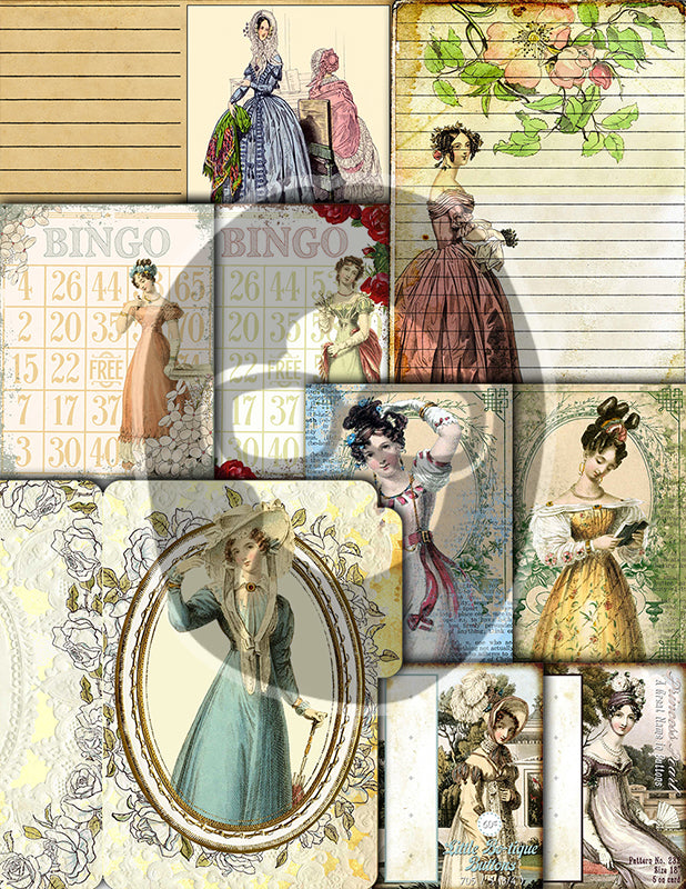 Jane Austen, Junk Journal Kit -42pg Digital Download- Vintage Journal, Pride and Prejudice, Regency Era Dress, Sense and Sensibility, Quotes