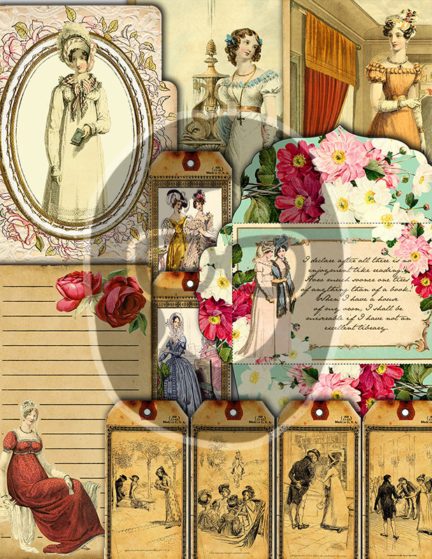 Jane Austen, Junk Journal Kit -42pg Digital Download- Vintage Journal, Pride and Prejudice, Regency Era Dress, Sense and Sensibility, Quotes