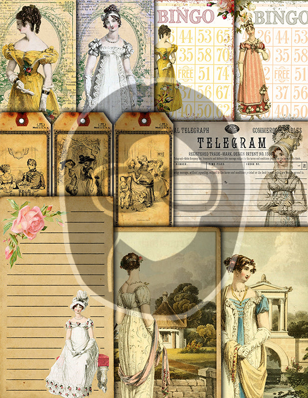 Jane Austen, Junk Journal Kit -42pg Digital Download- Vintage Journal, Pride and Prejudice, Regency Era Dress, Sense and Sensibility, Quotes