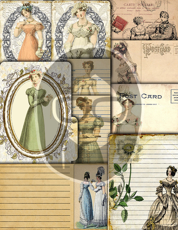 Jane Austen, Junk Journal Kit -42pg Digital Download- Vintage Journal, Pride and Prejudice, Regency Era Dress, Sense and Sensibility, Quotes