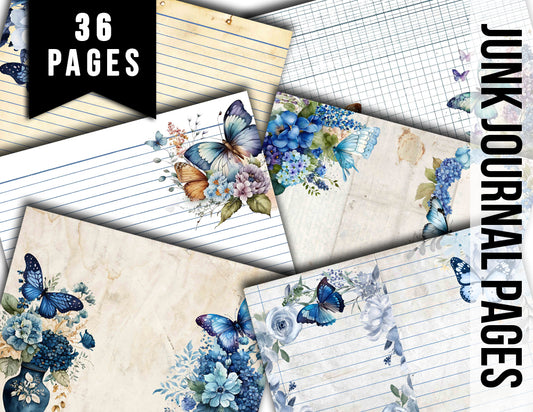 Junk Journal Pages, Butterfly Journal Printable -36pg Digital Download- Blue Digital Paper, Ephemera Background, Collage Sheets Printable