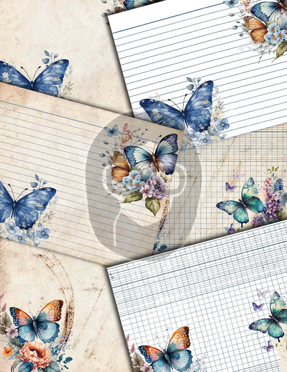 Junk Journal Pages, Butterfly Journal Printable -36pg Digital Download- Blue Digital Paper, Ephemera Background, Collage Sheets Printable