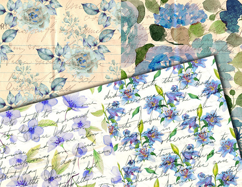 Junk Journal Pages, Blue Floral Scrapbook Paper, S84 -20pg Digital Download- Ephemera Background, Collage Sheets Printable, Spring Flowers