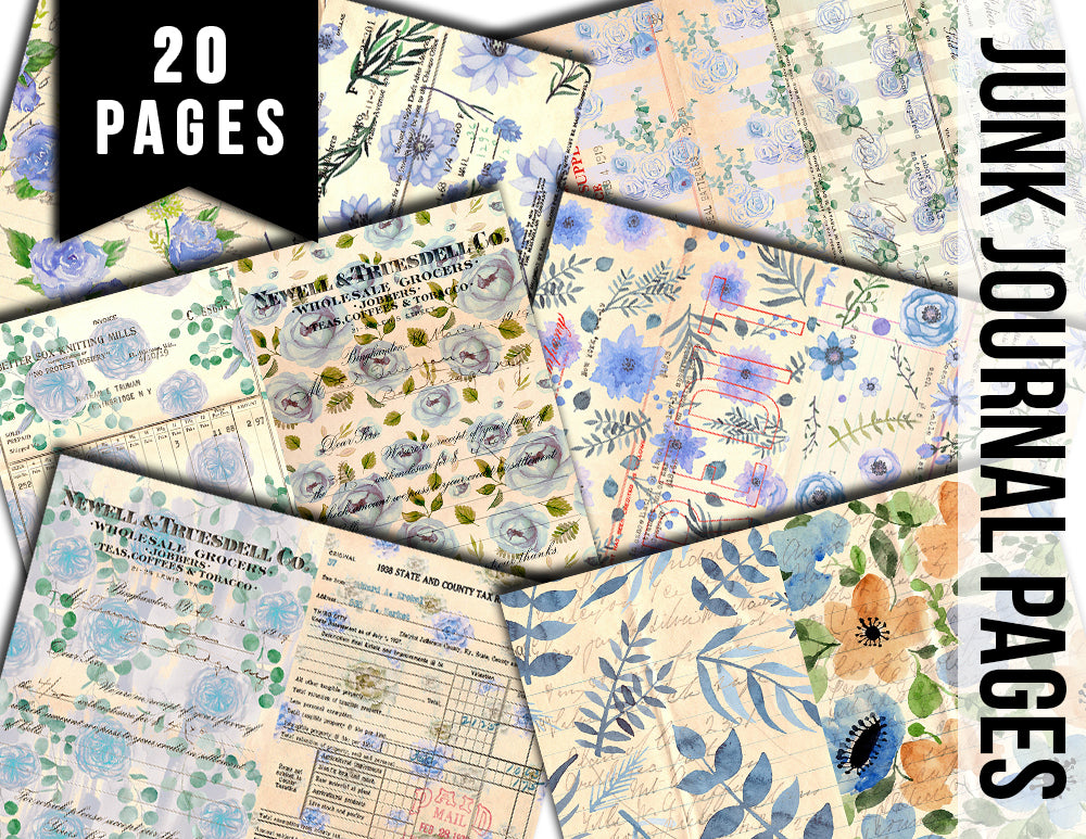 Junk Journal Pages, Blue Floral Scrapbook Paper, S84 -20pg Digital Download- Ephemera Background, Collage Sheets Printable, Spring Flowers