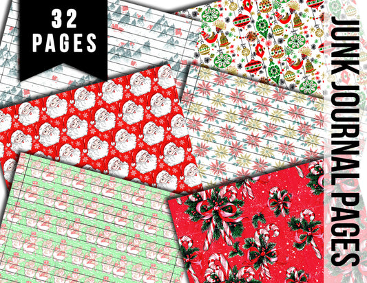 Christmas Journal Pages, Retro Wrapping Paper -32pg Digital Download- Journaling Vintage Ephemera, Santa Claus, December Journal Pages