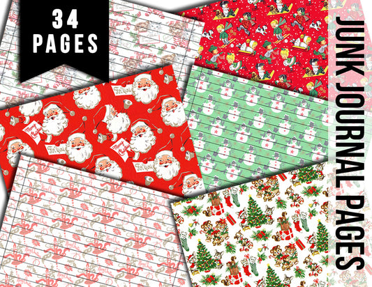Christmas Journal Pages, Retro Wrapping Paper -34pg Digital Download- Journaling Vintage Ephemera, Santa Claus, December Journal Pages