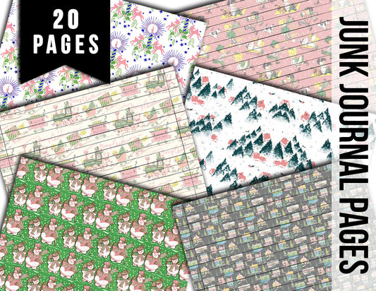 Pink Christmas, Junk Journal Printable Pages -20pg Digital Download- Retro Wrapping Paper, Ephemera Paper Pack, December Daily Kit, Lined