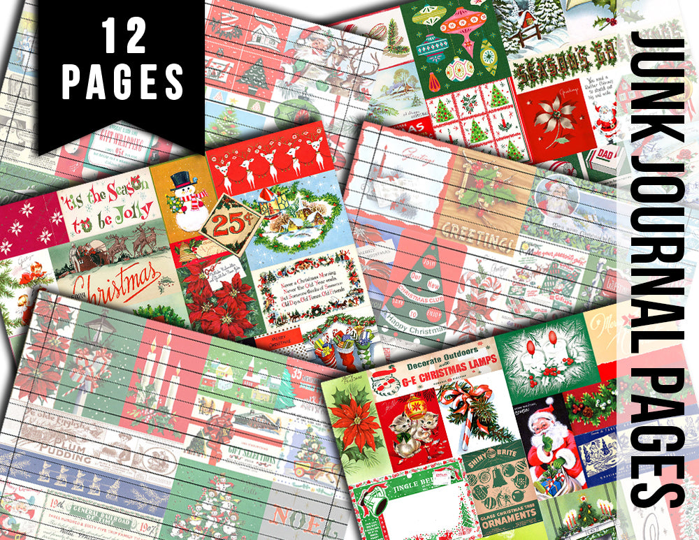 Retro Christmas, Junk Journal Pages -12pg Digital Download- Printable Lined Paper, Ephemera Background, Santa digital background, Xmas Kit