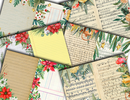 Christmas Sheet Music, Printable Lined Paper, S79 -16pg Digital Download- Junk Journal Kit, Holly And Berries, Poinsettia Clipart Bouquet