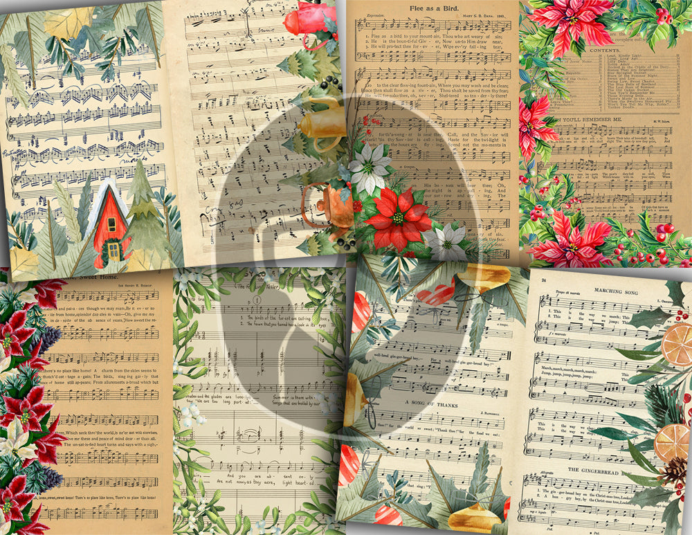 Christmas Sheet Music, Printable Lined Paper, S79 -16pg Digital Download- Junk Journal Kit, Holly And Berries, Poinsettia Clipart Bouquet