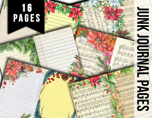 Sheet Music Digital Paper, Junk Journal Lined Paper S80 -16pg Digi Download - Poinsettia Background, Retro and Vintage, Vintage Winter