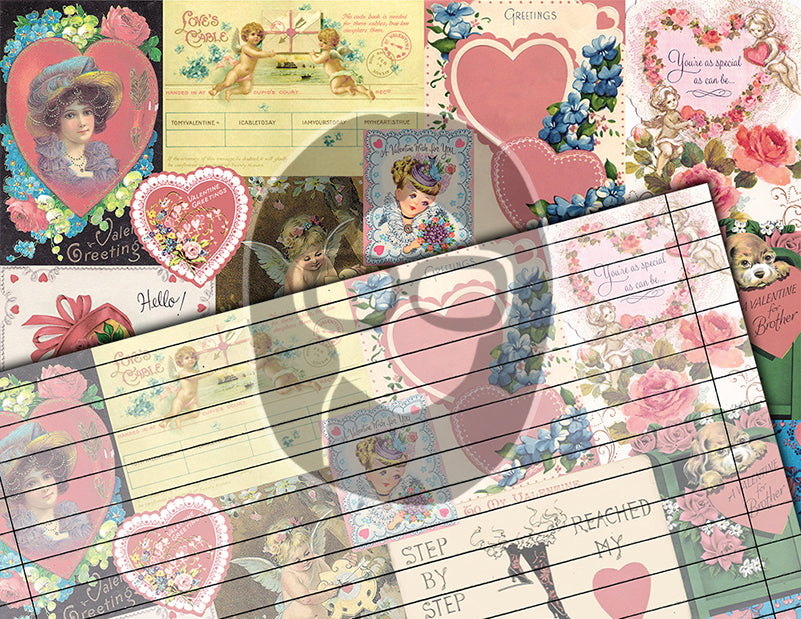Retro Pink Valentine's Pattern, Junk Journal Pages, Printable Vintage Paper -18pg Digital Download- Scrapbook Supplies, Ephemera Background