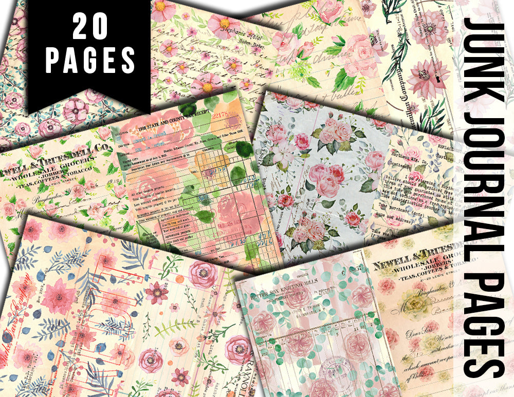 Junk Journal Pages, Scrapbook Paper, S82 -20pg Digital Download- Mixed Media, Ephemera Background, Collage Sheets Printable, Spring Flowers