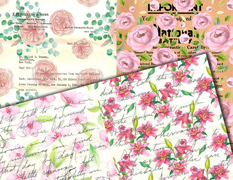 Junk Journal Pages, Scrapbook Paper, S82 -20pg Digital Download- Mixed Media, Ephemera Background, Collage Sheets Printable, Spring Flowers