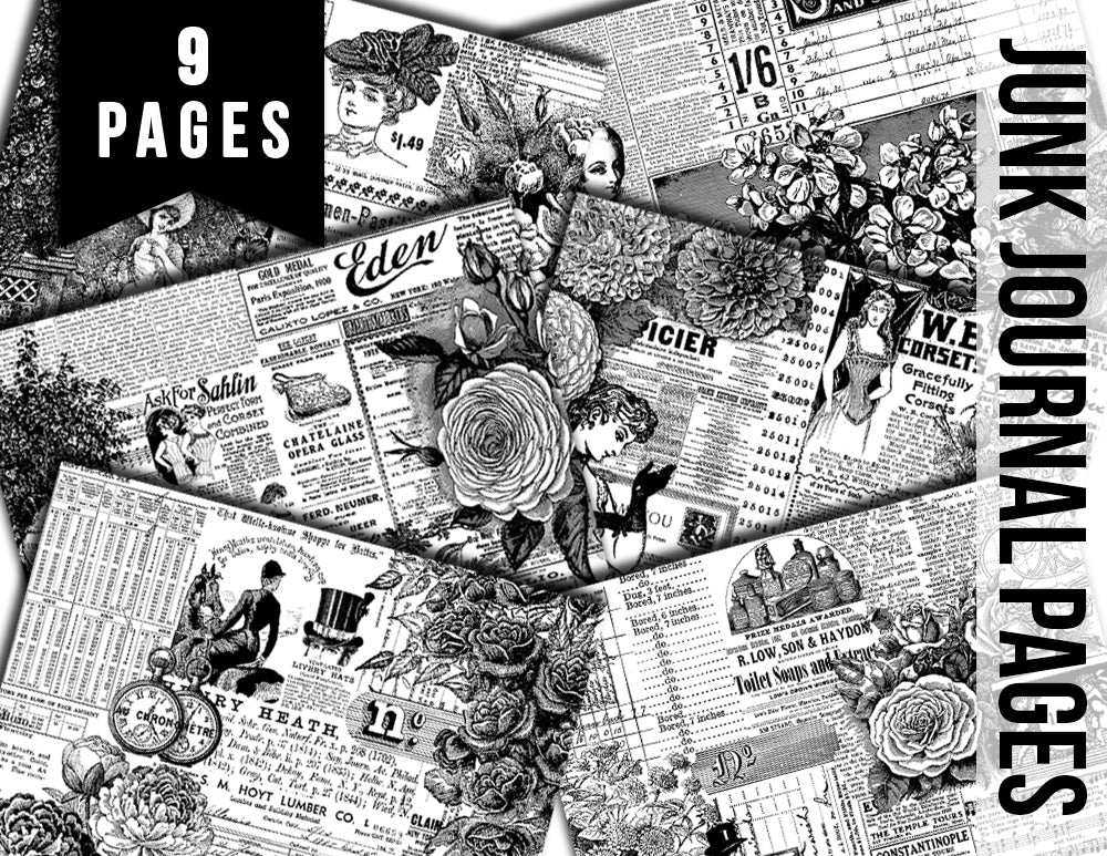 Monochrome Journal Printable, Junk Journal Pages -9 Pg Instant Downloads- Ink Saver, Stamp Papers, Journaling Paper, DIY Kit, Vintage Ads