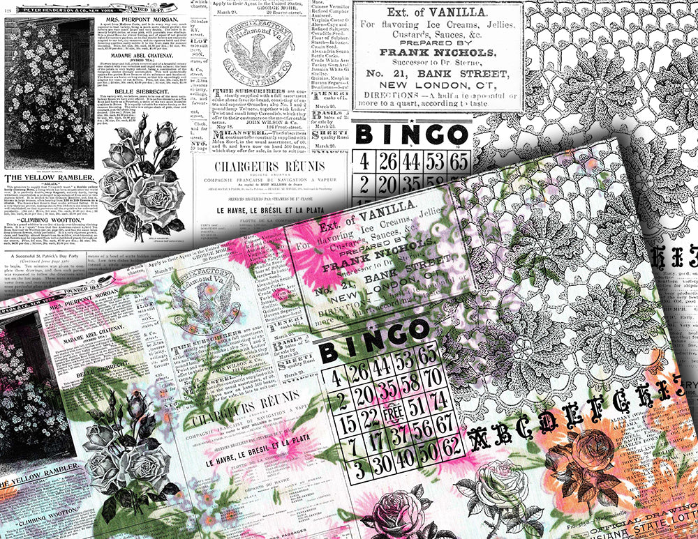 Junk Journal Printable Pages, Ephemera Background -20pg Digital Download- Ink Saver, Stamp Paper, Spring Floral Clipart, Rose Digital Papers