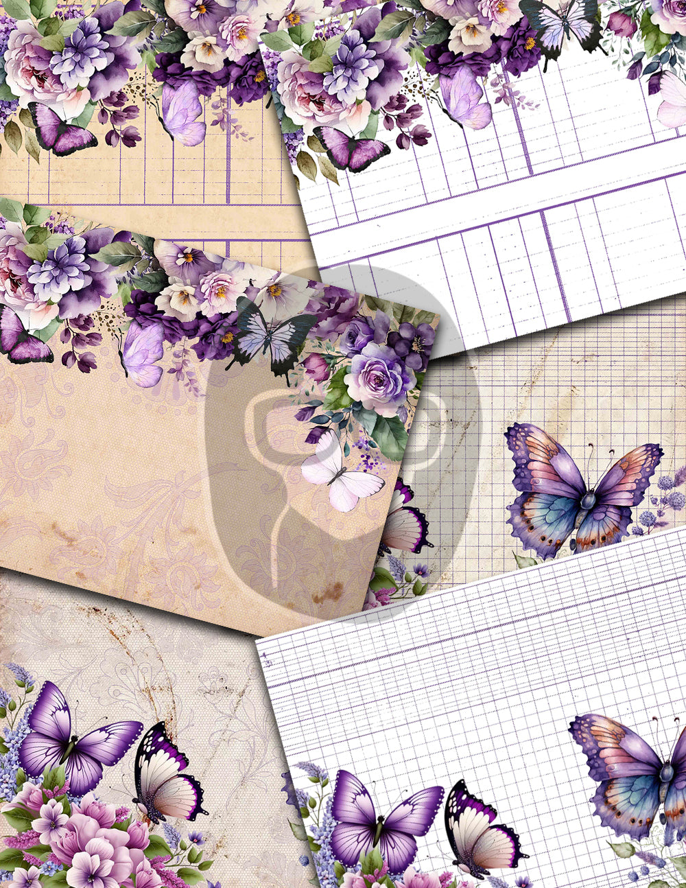 Junk Journal Pages, Butterfly Journal Printable -36pg Digital Download- Purple Digital Paper, Lined Journal Pages, Digital Scrapbook Paper