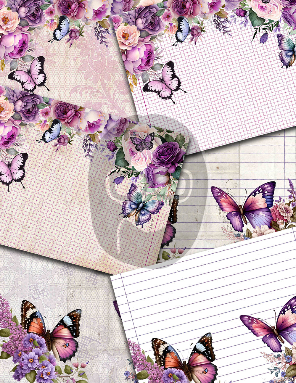 Junk Journal Pages, Butterfly Journal Printable -36pg Digital Download- Purple Digital Paper, Lined Journal Pages, Digital Scrapbook Paper