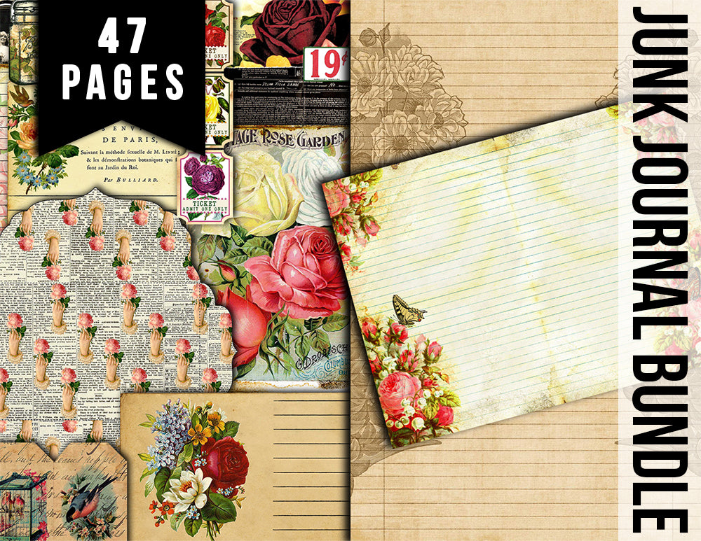 Junk Journal Starter Kit, Printable Journal Bundle #14 -47pg Digital Download- Ephemera Pack, Envelope, Vintage Paper, Tags, Cards, Roses