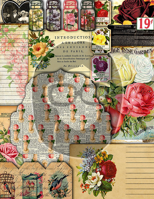 Junk Journal Starter Kit, Printable Journal Bundle #14 -47pg Digital Download- Ephemera Pack, Envelope, Vintage Paper, Tags, Cards, Roses