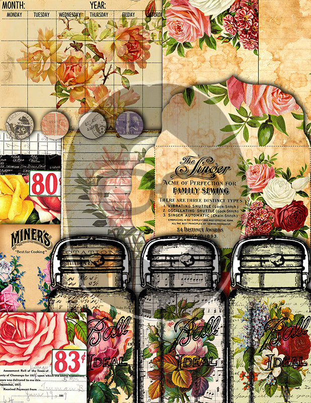 Junk Journal Starter Kit, Printable Journal Bundle #14 -47pg Digital Download- Ephemera Pack, Envelope, Vintage Paper, Tags, Cards, Roses