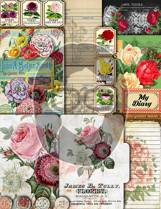 Junk Journal Starter Kit, Printable Journal Bundle #14 -47pg Digital Download- Ephemera Pack, Envelope, Vintage Paper, Tags, Cards, Roses