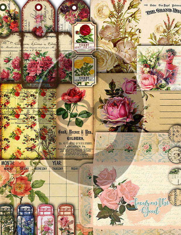 Junk Journal Starter Kit, Printable Journal Bundle #14 -47pg Digital Download- Ephemera Pack, Envelope, Vintage Paper, Tags, Cards, Roses