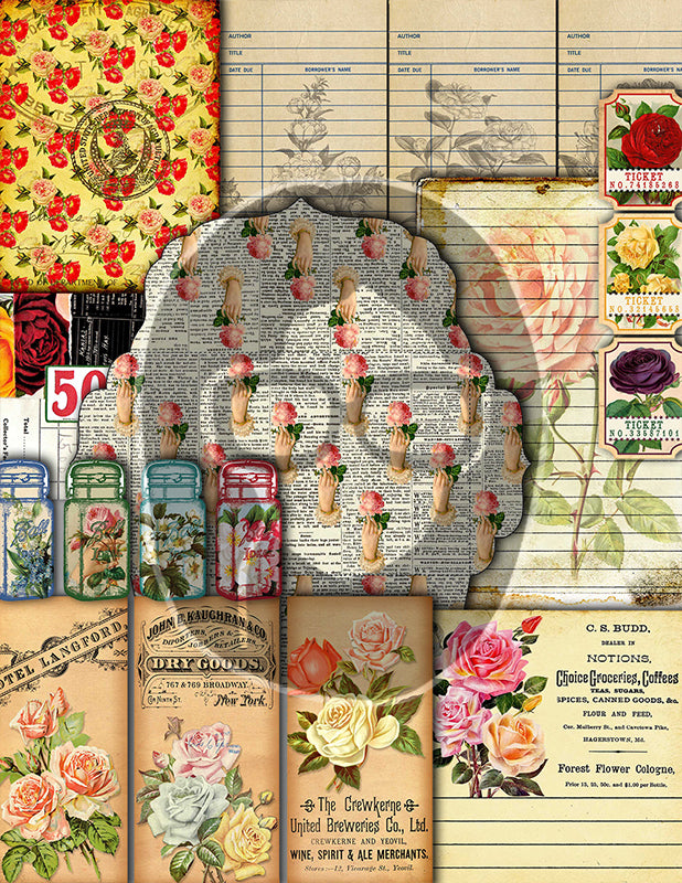 Junk Journal Starter Kit, Printable Journal Bundle #14 -47pg Digital Download- Ephemera Pack, Envelope, Vintage Paper, Tags, Cards, Roses