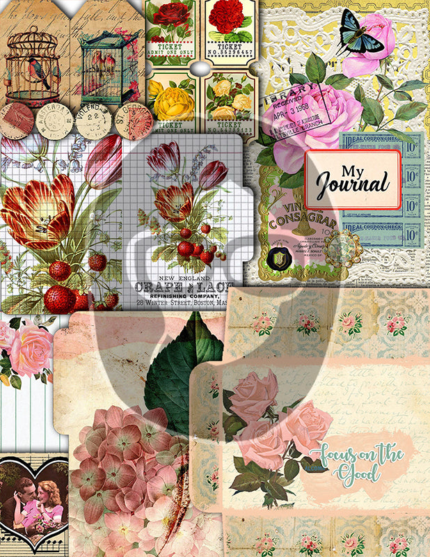 Junk Journal Starter Kit, Printable Journal Bundle #14 -47pg Digital Download- Ephemera Pack, Envelope, Vintage Paper, Tags, Cards, Roses