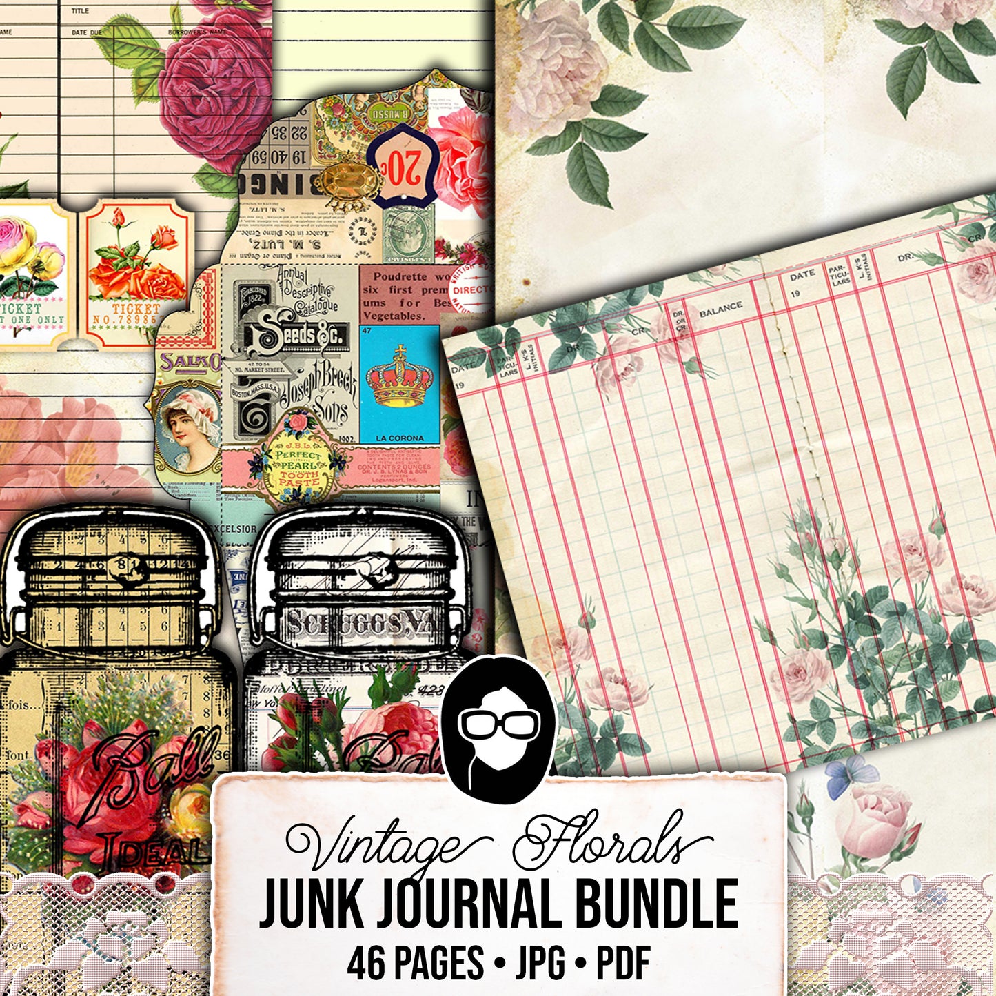 Printable Junk Journal Kit, Pages & Ephemera Bundle #16 -46pg Digital Download- Scrapbook Paper, Vintage Tags, Envelopes, Library Cards
