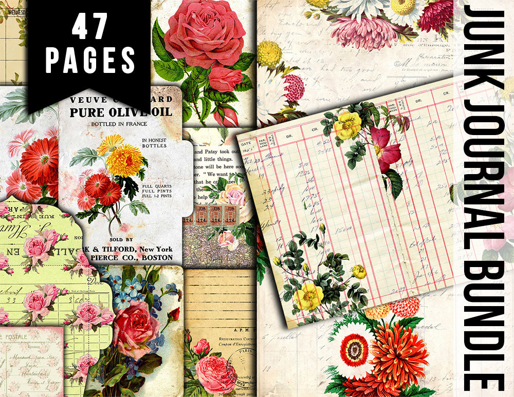 Junk Journal DIY Kit, Printable Journal Bundle #17 -47pg Digital Download- Vintage Roses Pages, Shabby Chic Tags, Postcards, Note cards