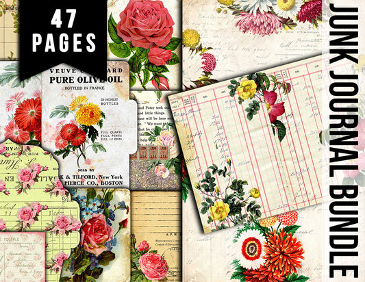 Junk Journal DIY Kit, Printable Journal Bundle #17 -47pg Digital Download- Vintage Roses Pages, Shabby Chic Tags, Postcards, Note cards
