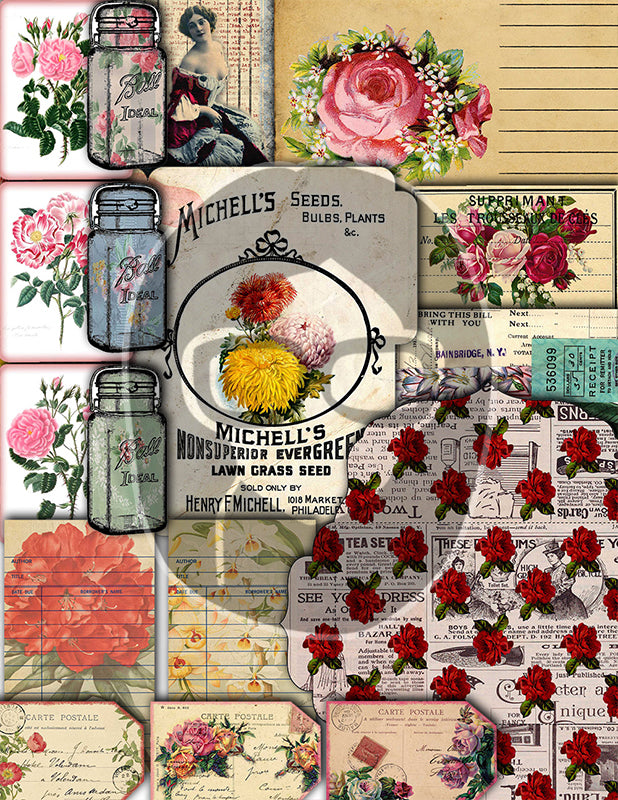 Junk Journal DIY Kit, Printable Journal Bundle #17 -47pg Digital Download- Vintage Roses Pages, Shabby Chic Tags, Postcards, Note cards