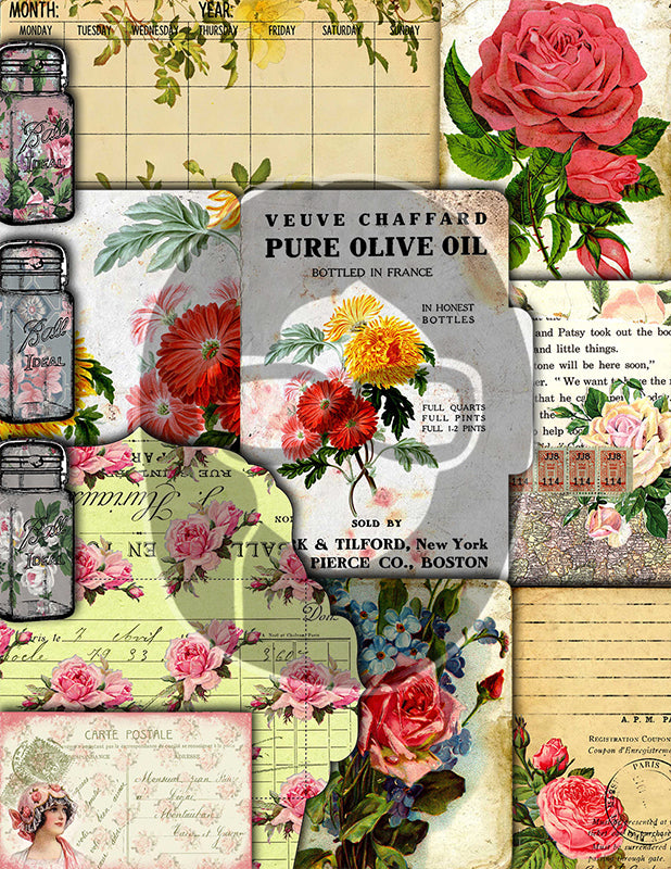 Junk Journal DIY Kit, Printable Journal Bundle #17 -47pg Digital Download- Vintage Roses Pages, Shabby Chic Tags, Postcards, Note cards