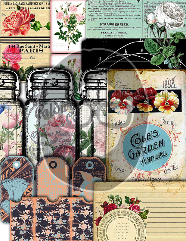 Junk Journal DIY Kit, Printable Journal Bundle #17 -47pg Digital Download- Vintage Roses Pages, Shabby Chic Tags, Postcards, Note cards