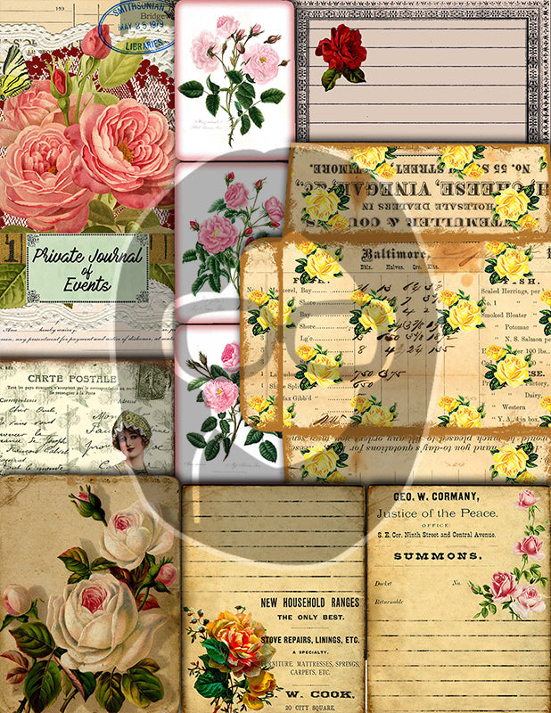 Junk Journal DIY Kit, Printable Journal Bundle #17 -47pg Digital Download- Vintage Roses Pages, Shabby Chic Tags, Postcards, Note cards