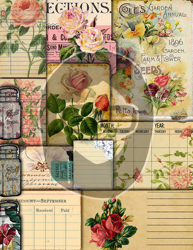 Junk Journal DIY Kit, Printable Journal Bundle #17 -47pg Digital Download- Vintage Roses Pages, Shabby Chic Tags, Postcards, Note cards